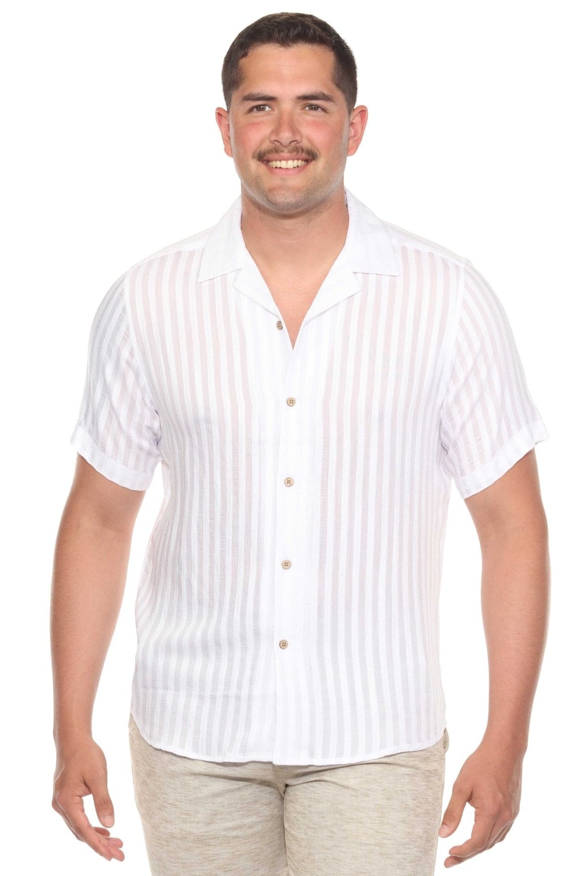 Front view of a person wearing a white Striped Rayon Blend resort shirt, with beige stripes and light brown buttons.