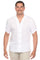 Front view of a person wearing a white Striped Rayon Blend resort shirt, with beige stripes and light brown buttons.