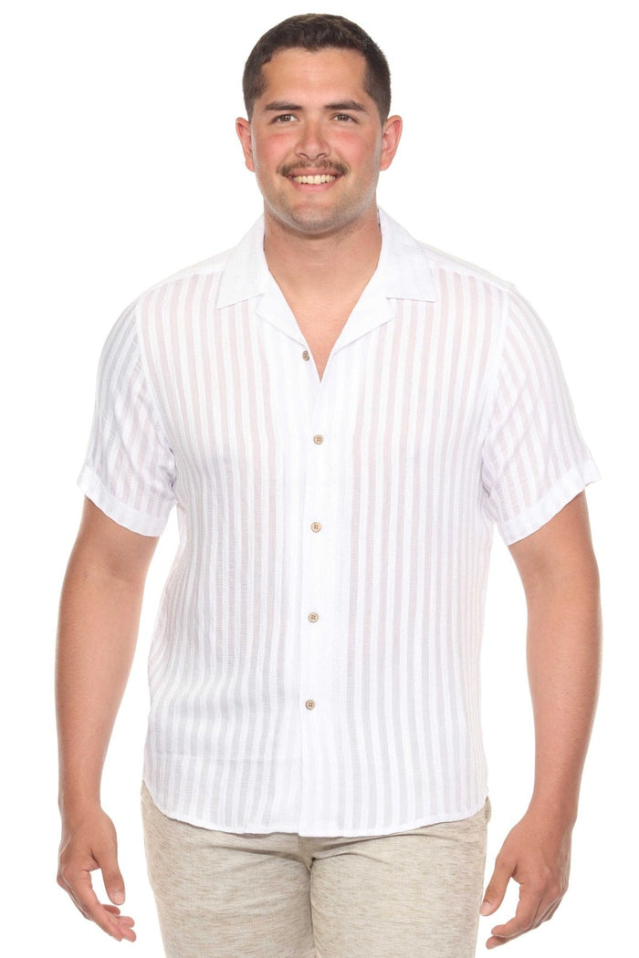 Front view of a model wearing a beige striped Rayon Blend resort shirt.