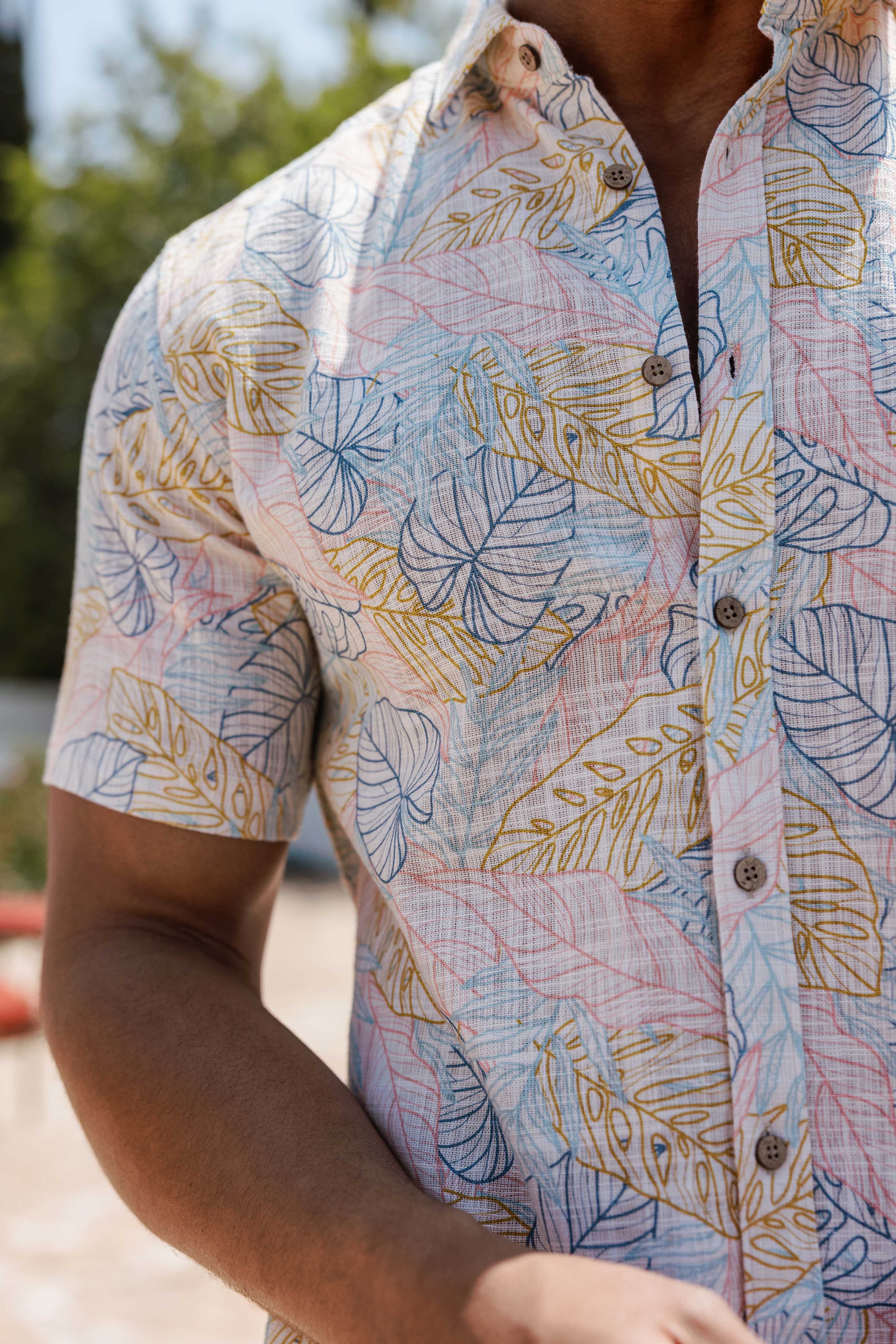 Men's Resort Style Casual Linen Blend Colorful Tropical Print Shirt