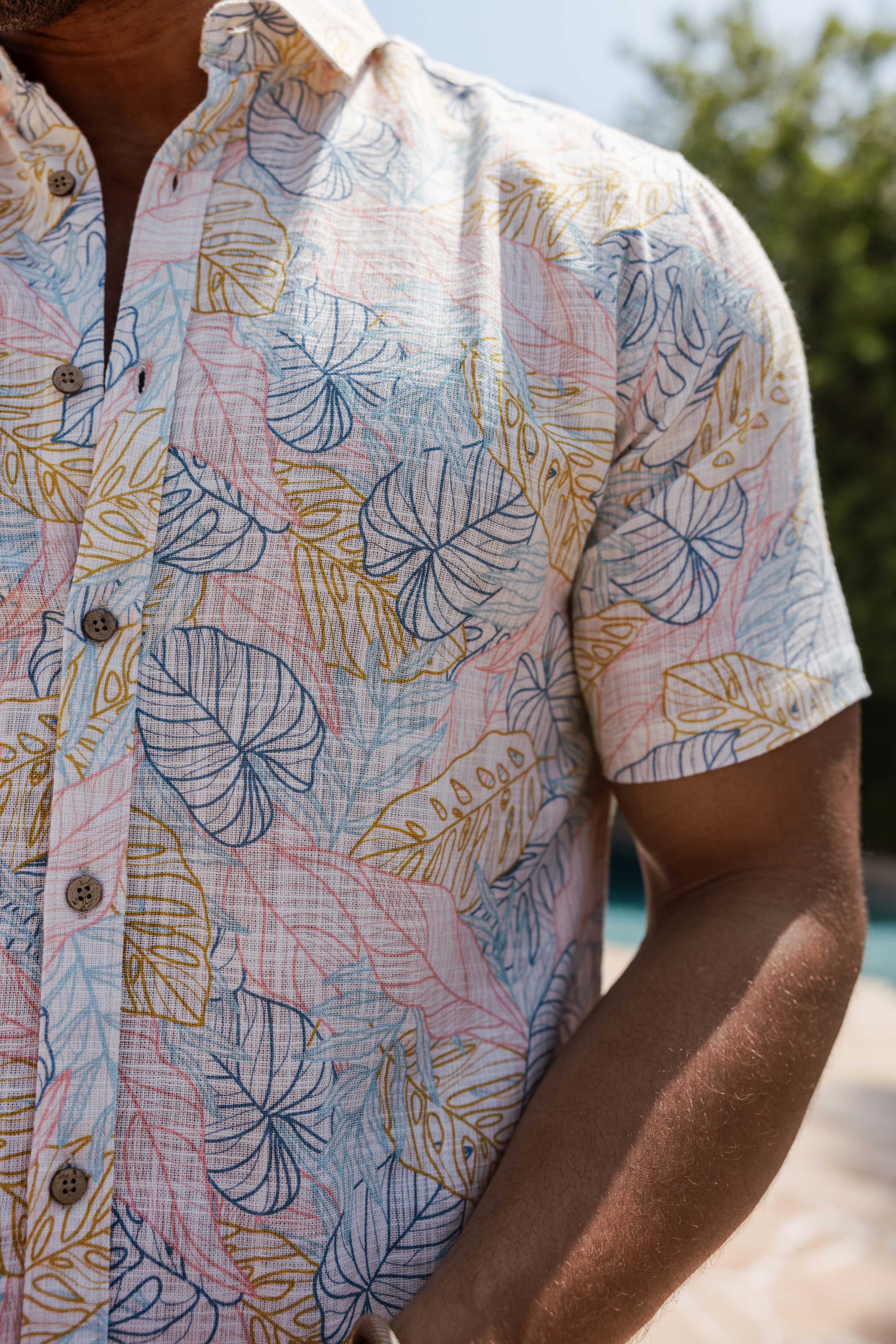 Men's Resort Style Casual Linen Blend Colorful Tropical Print Shirt