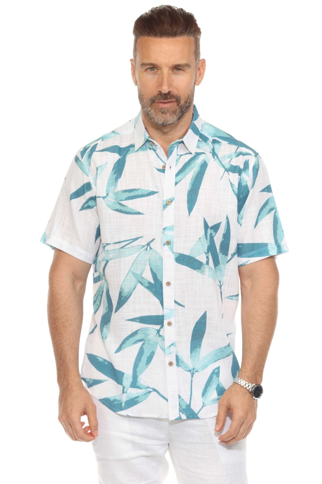 Men's Resort Style Casual Linen Blend Colorful Tropical Leaf Print Shirt