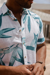 Men's Resort Style Casual Linen Blend Colorful Tropical Leaf Print Shirt