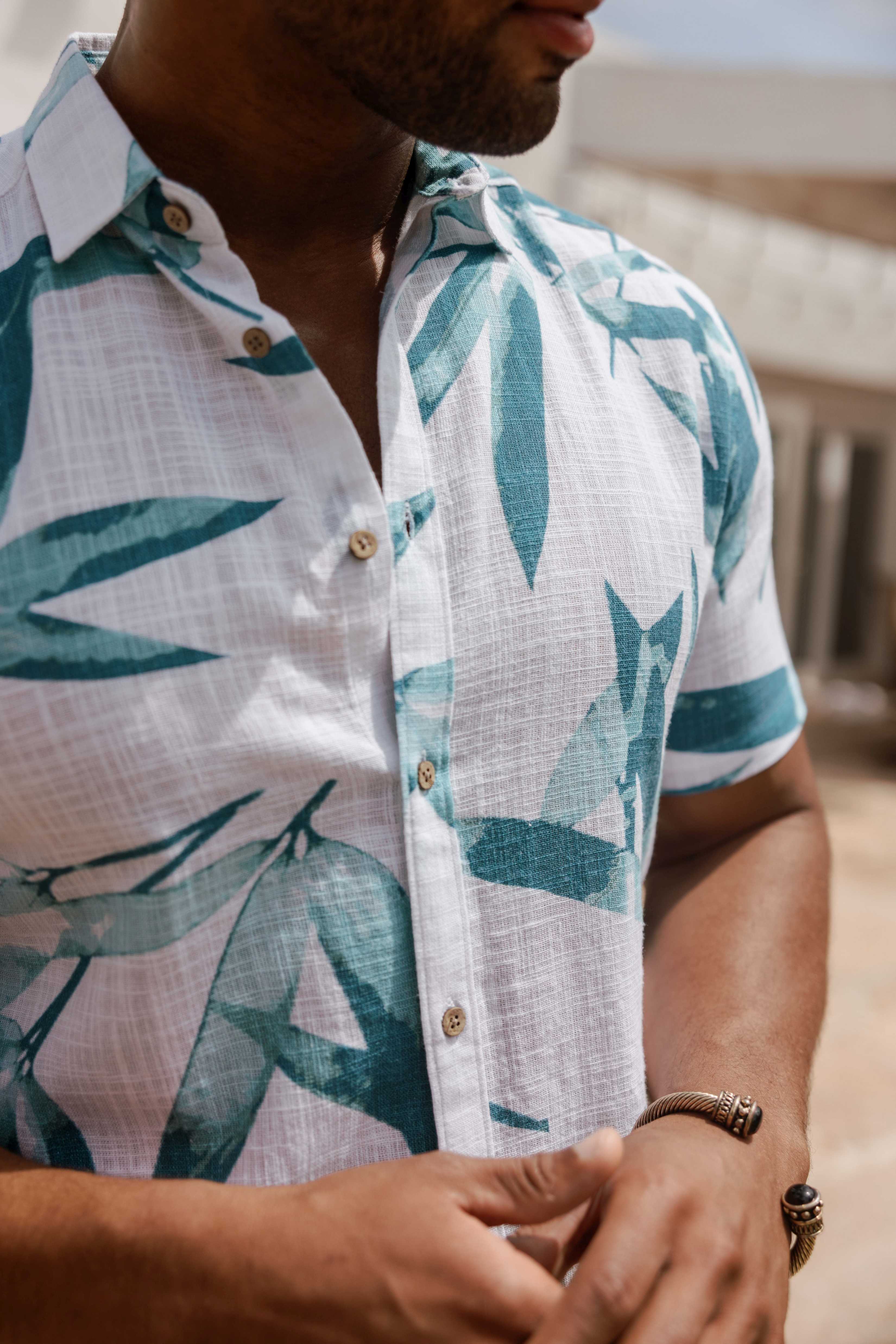 Men's Resort Style Casual Linen Blend Colorful Tropical Leaf Print Shirt