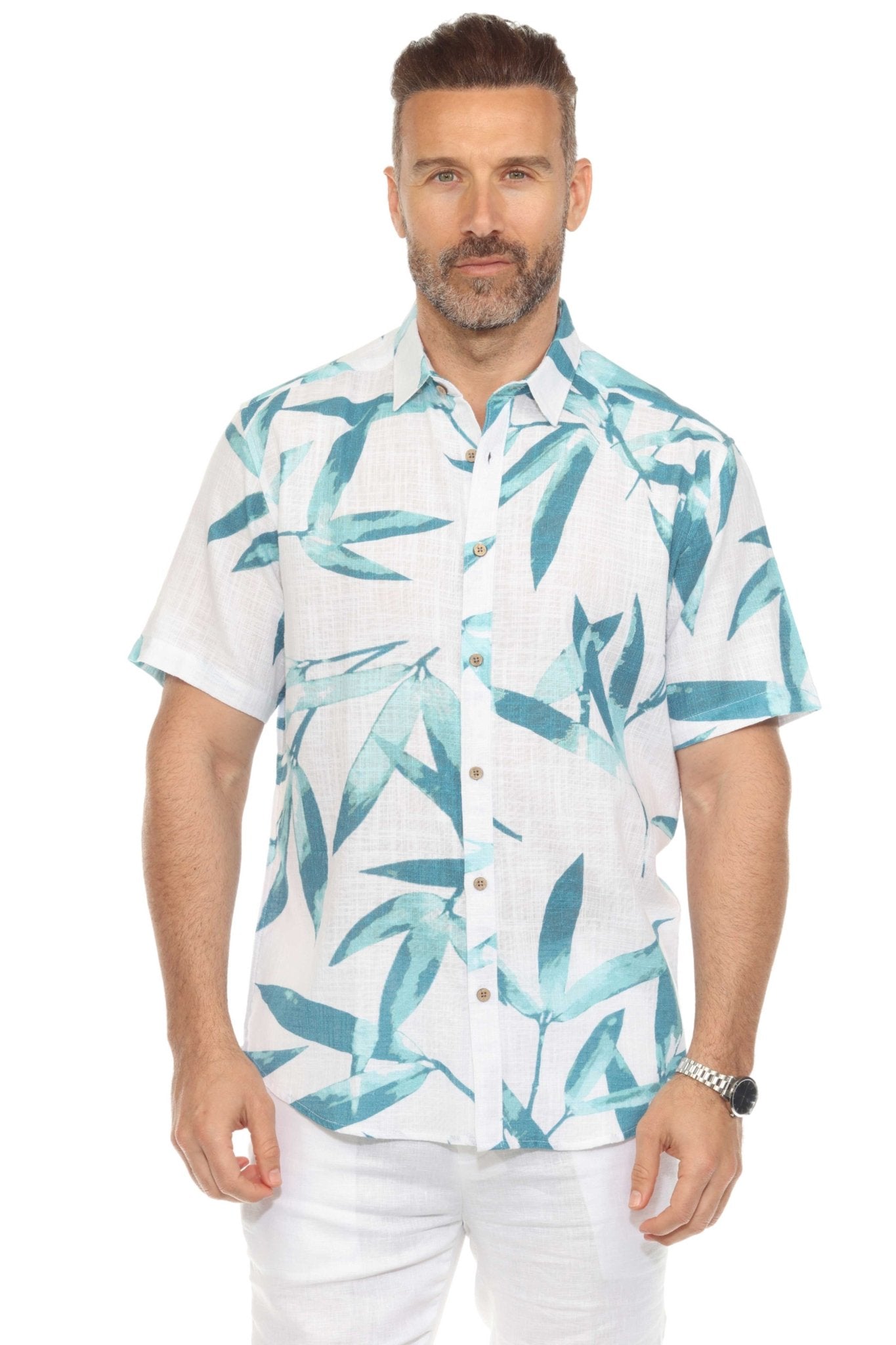 Men's Resort Style Casual Linen Blend Colorful Tropical Leaf Print Shirt