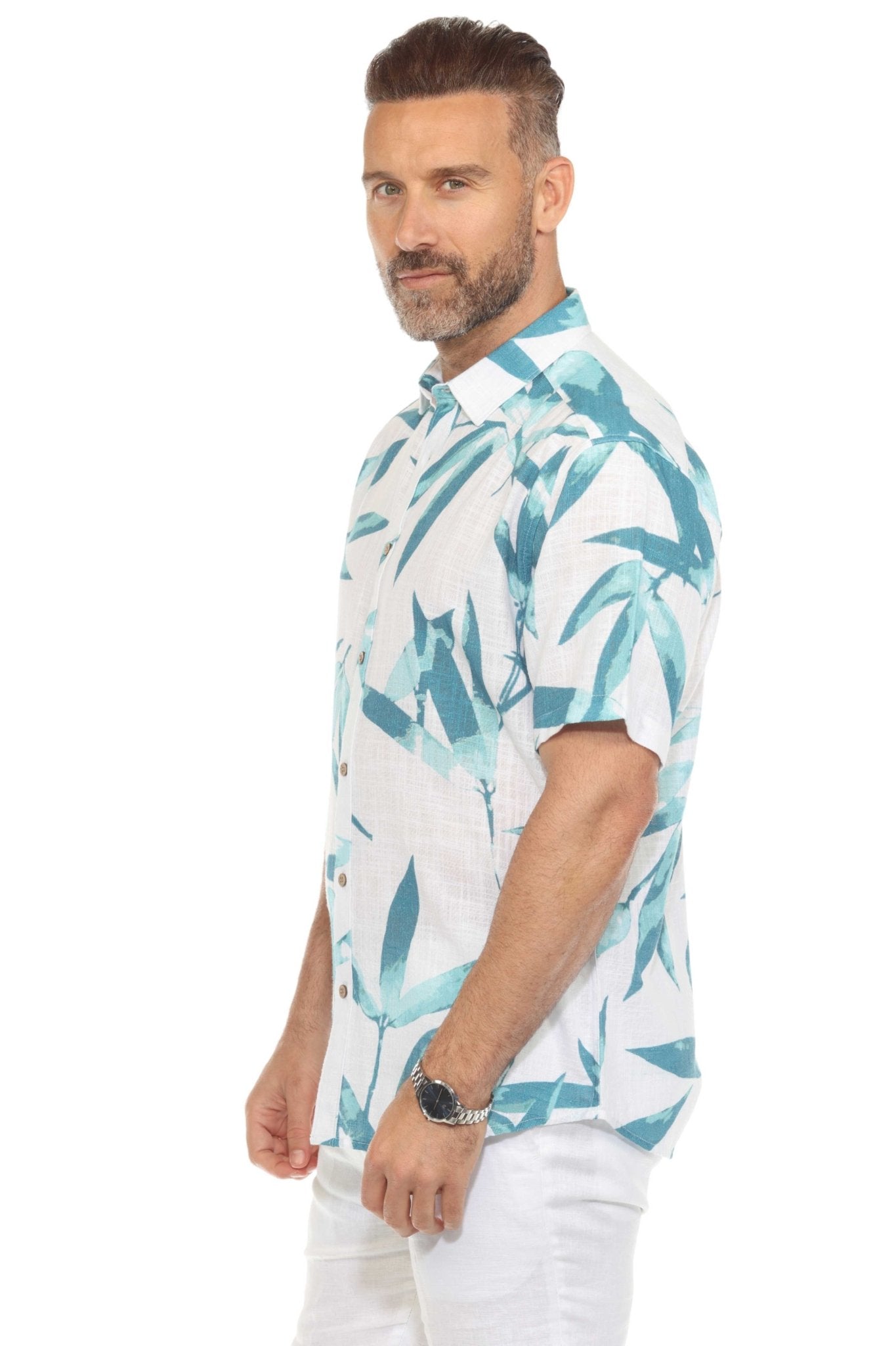 Men's Resort Style Casual Linen Blend Colorful Tropical Leaf Print Shirt