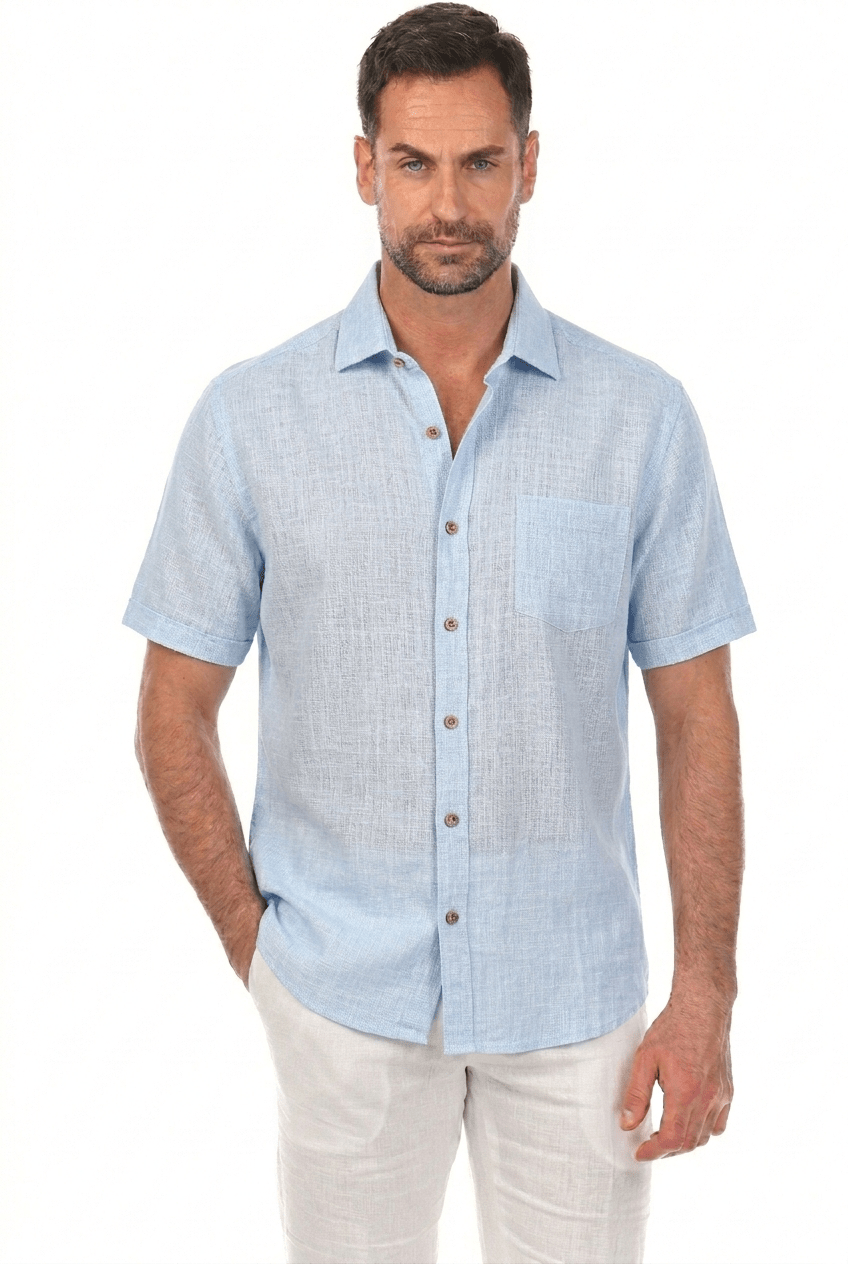 Camisa de manga corta de mezcla de lino con diseño cruzado para hombre