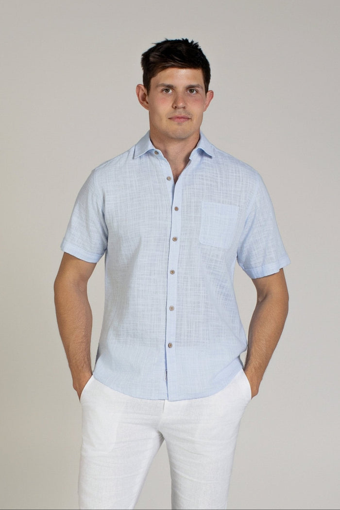 Linen Blend Cross Hatch Short Sleeve Button-Down Shirt