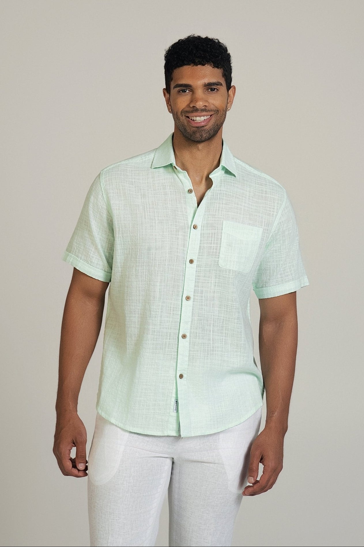 Linen Blend Cross Hatch Short Sleeve Button-Down Shirt