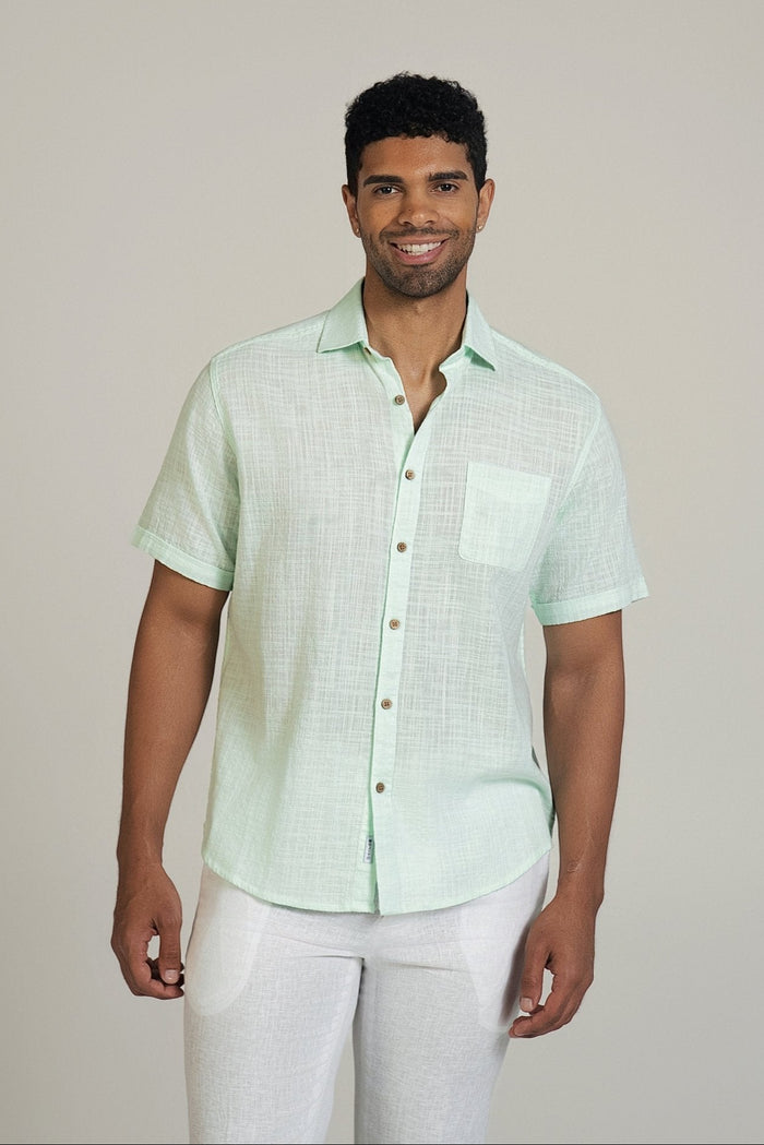 Linen Blend Cross Hatch Short Sleeve Button-Down Shirt
