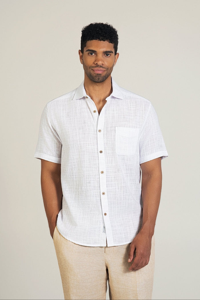 Linen Blend Cross Hatch Short Sleeve Button-Down Shirt