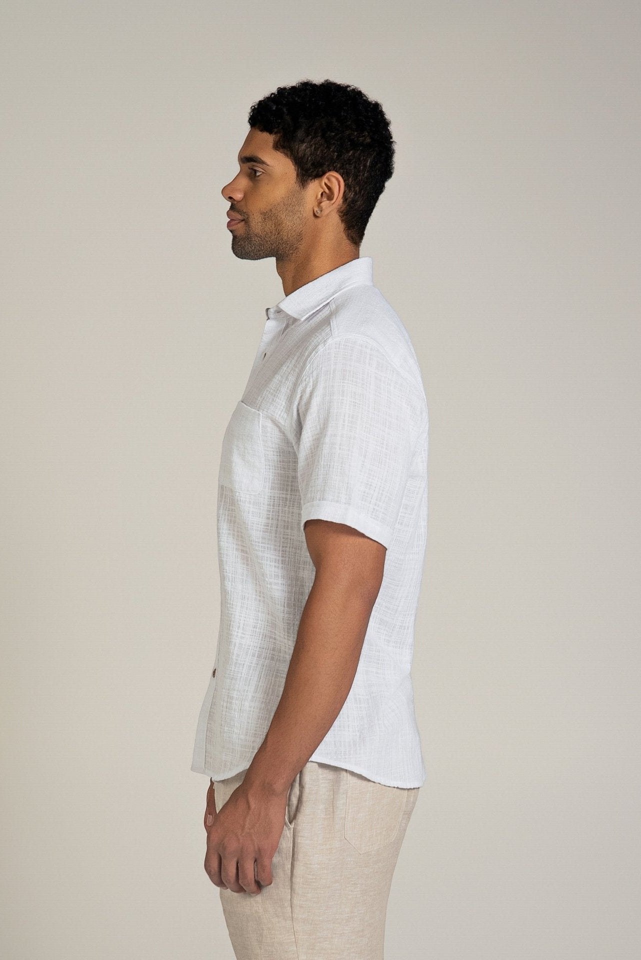 Linen Blend Cross Hatch Short Sleeve Button-Down Shirt