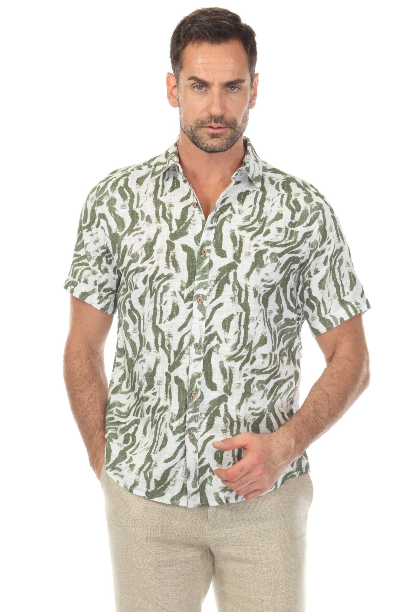 Camisa de manga corta de mezcla de lino con diseño cruzado para hombre