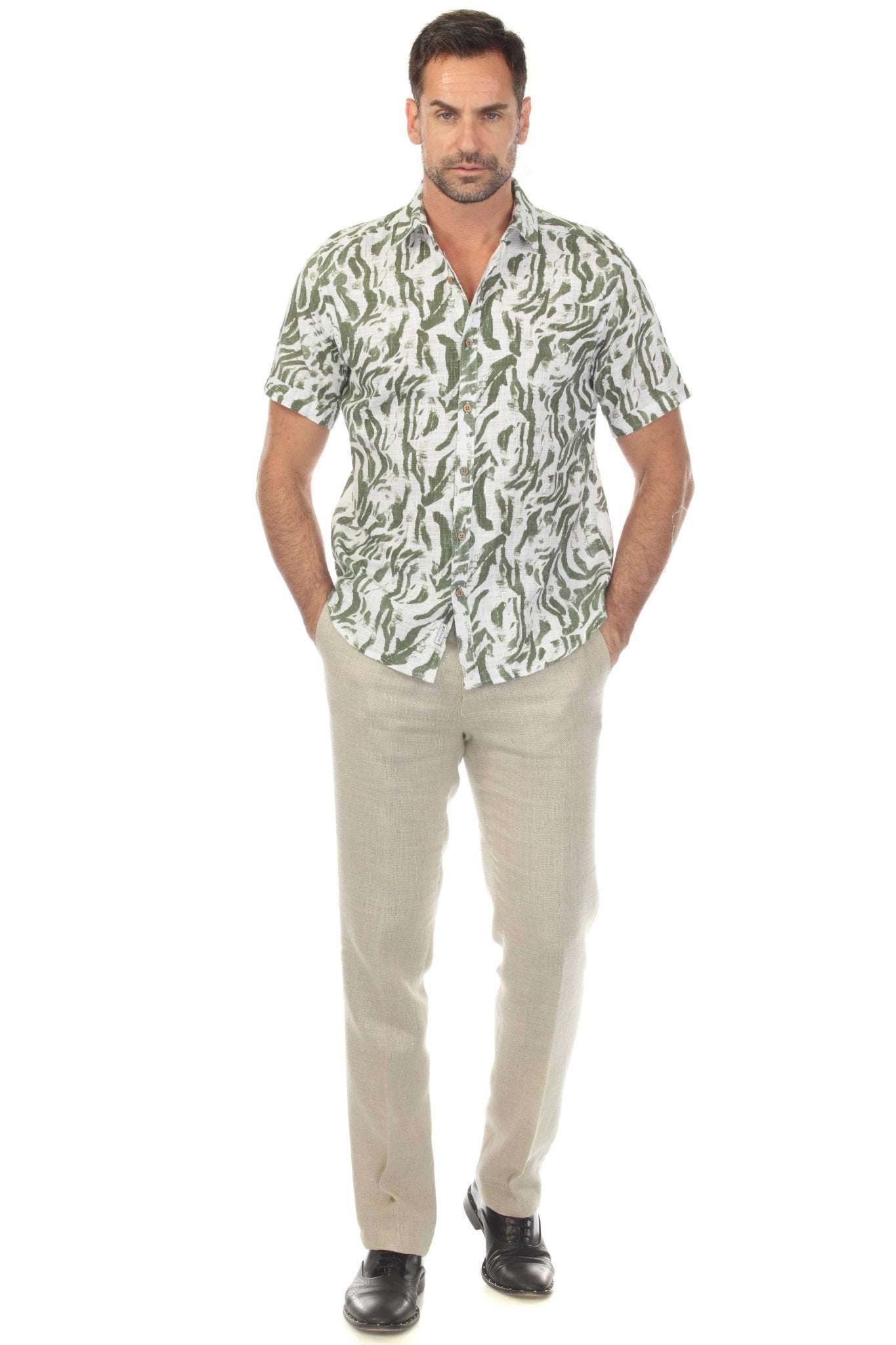 Camisa de manga corta de mezcla de lino con diseño cruzado para hombre