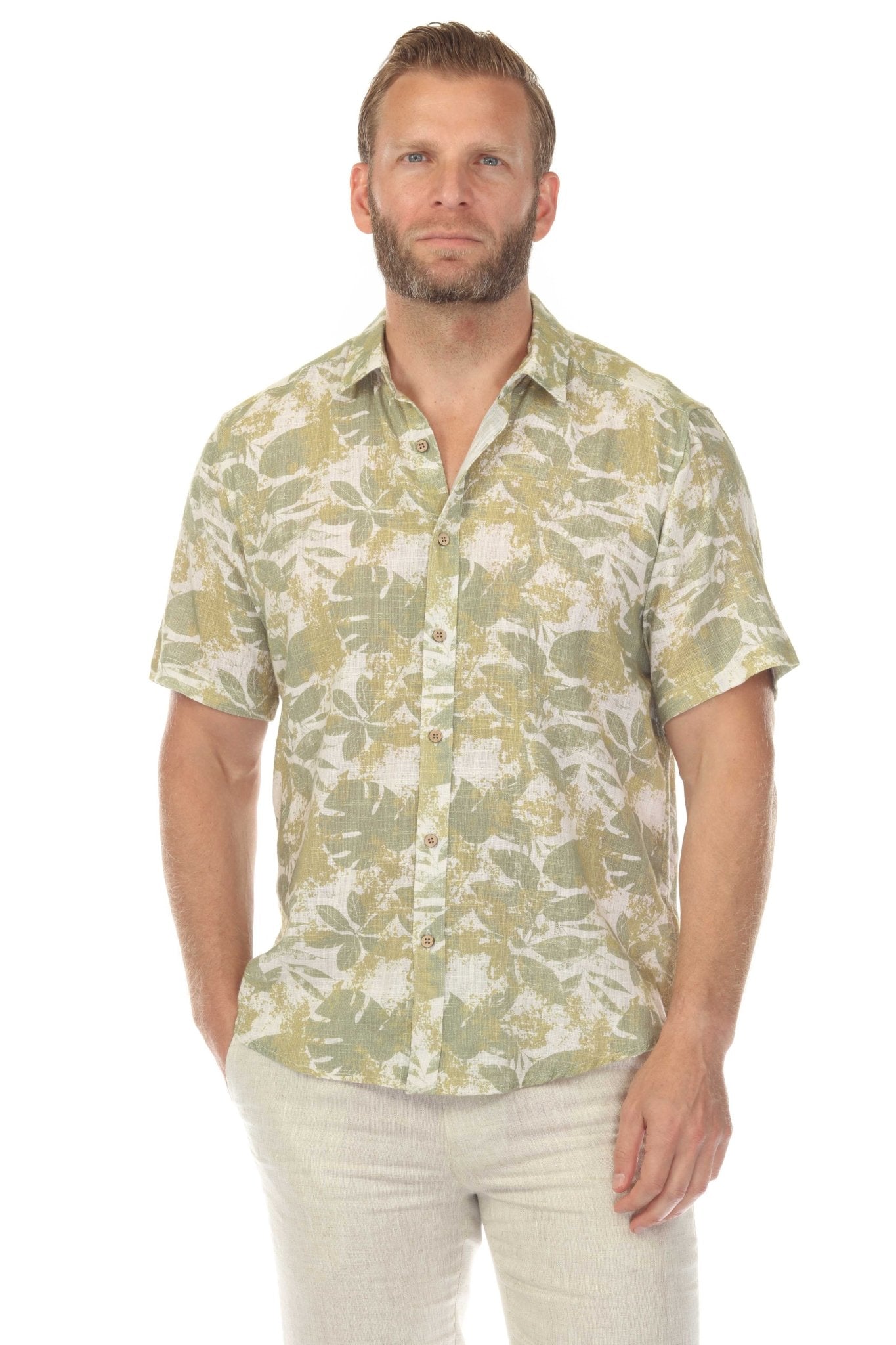 Camisa de manga corta de mezcla de lino con diseño cruzado para hombre