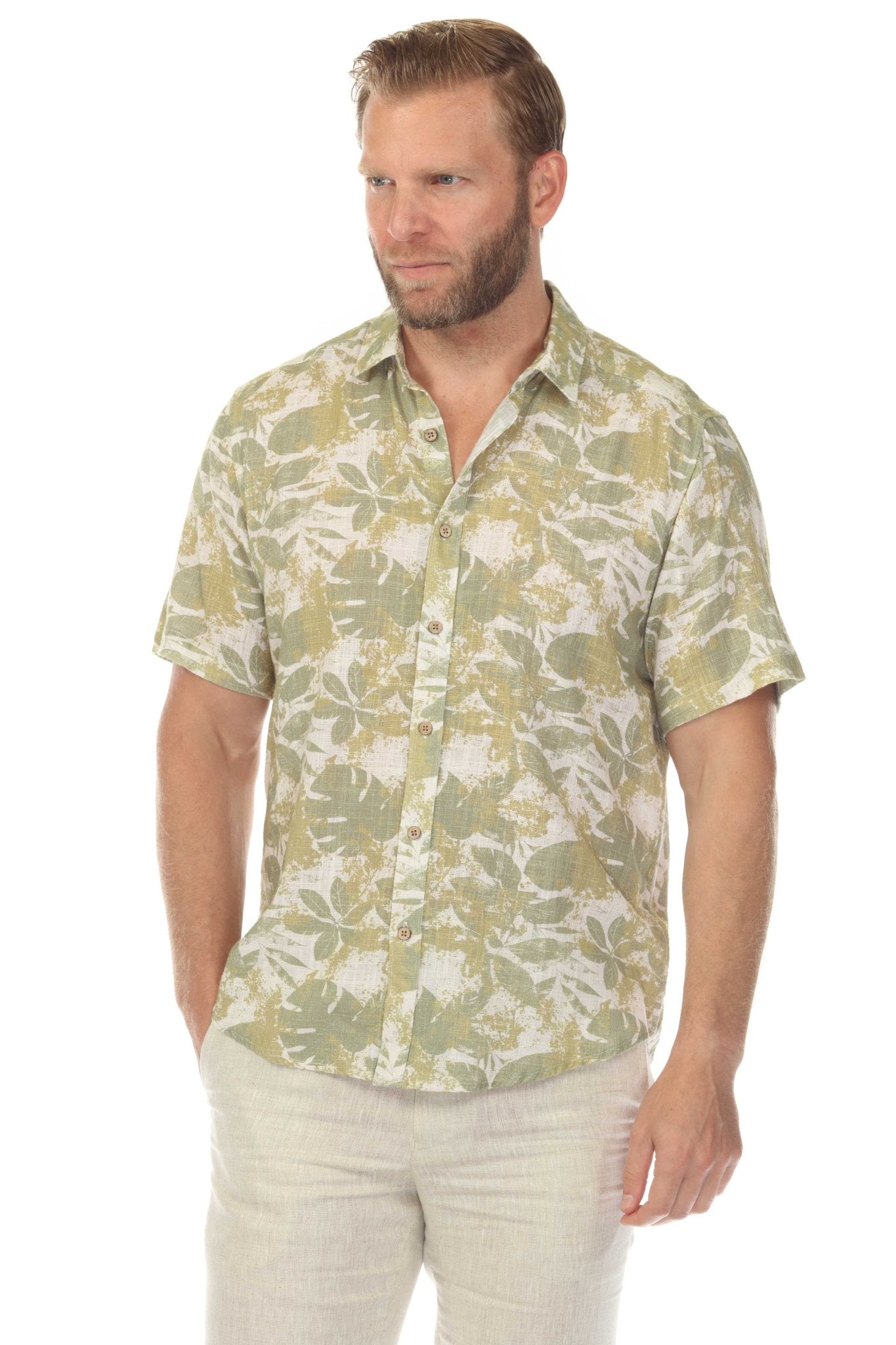 Camisa de manga corta de mezcla de lino con diseño cruzado para hombre