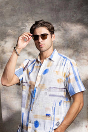 Camisa de manga corta de mezcla de lino con diseño cruzado para hombre