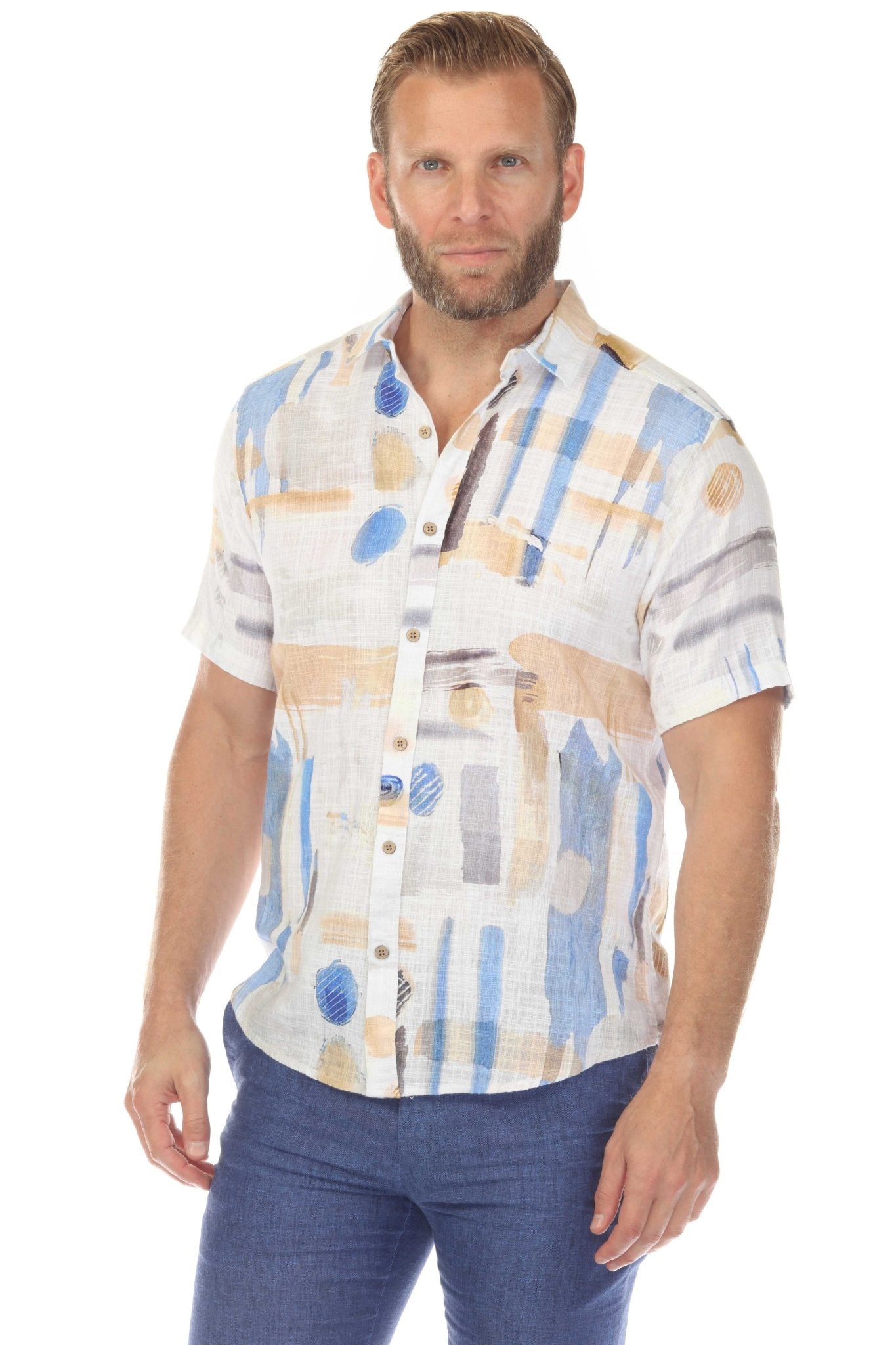 Camisa de manga corta de mezcla de lino con diseño cruzado para hombre