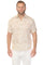 A man models the Menâ€™s Cross Hatch Short Sleeve Button Down Resort Shirt, a light tan color, in a front-facing studio shot.