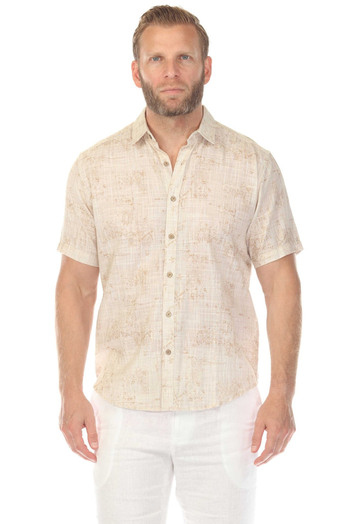 Profile of a man wearing the Menâ€™s Cross Hatch Short Sleeve Button Down Resort Shirt in tan with a subtle pattern.