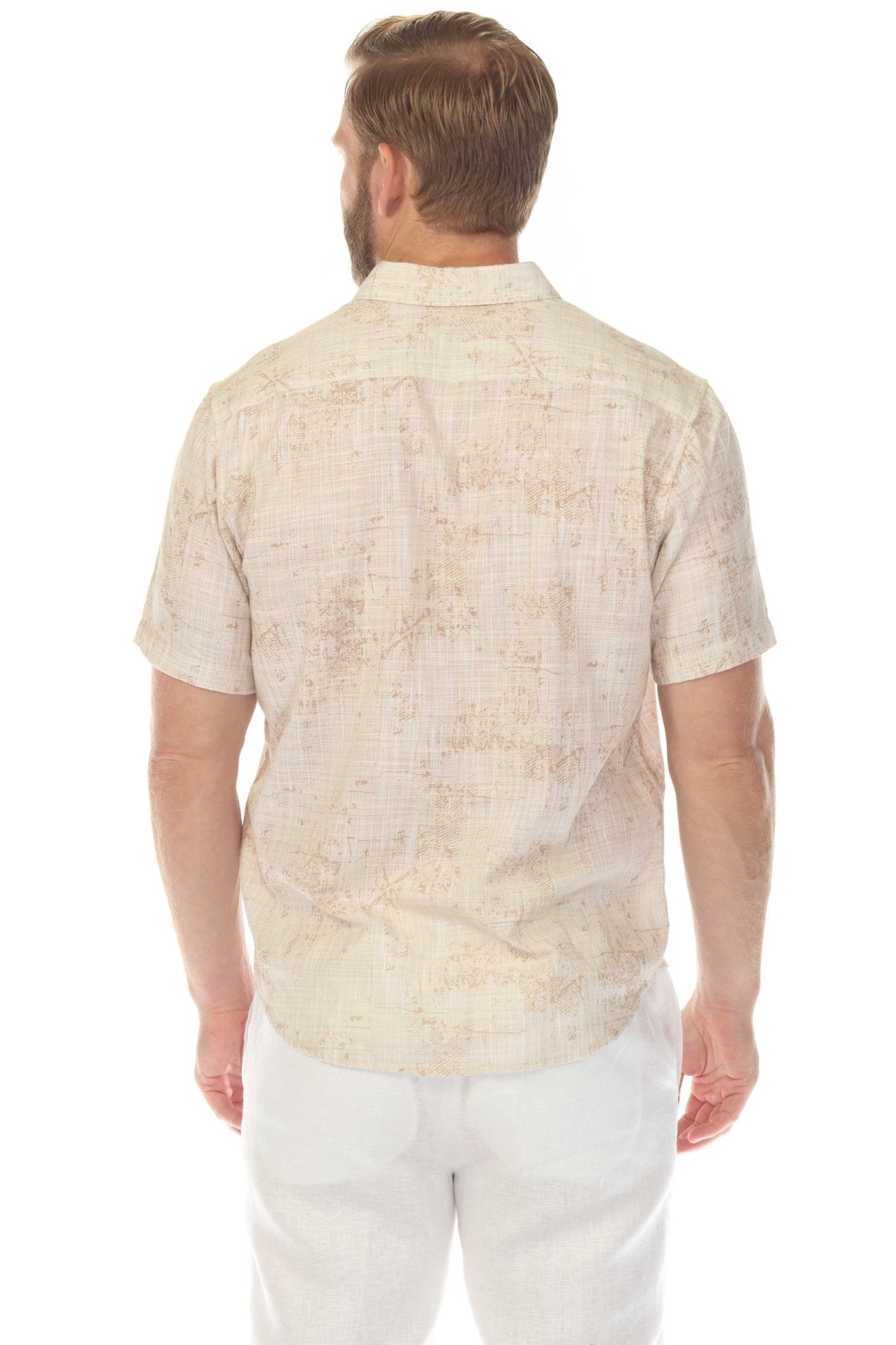 Back view of a man wearing the Men’s Cross Hatch Resort Shirt, showing the textured tan pattern.