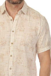 Close-up of a tan Men’s Cross Hatch Short Sleeve Button Down Resort Shirt featuring brown buttons and a subtle print.