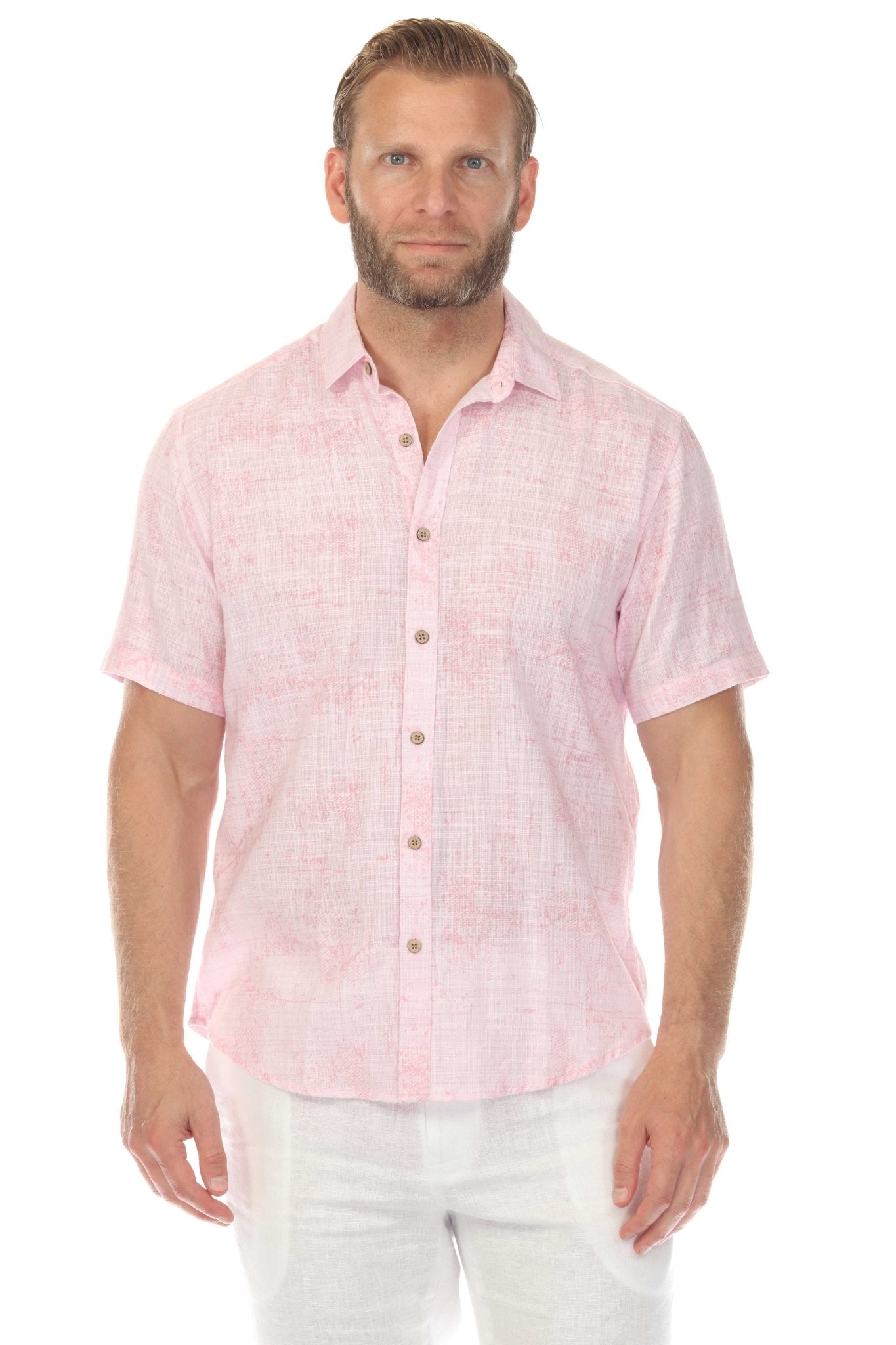 Front view of a man wearing the pink Men’s Cross Hatch Short Sleeve Button Down Resort Shirt.