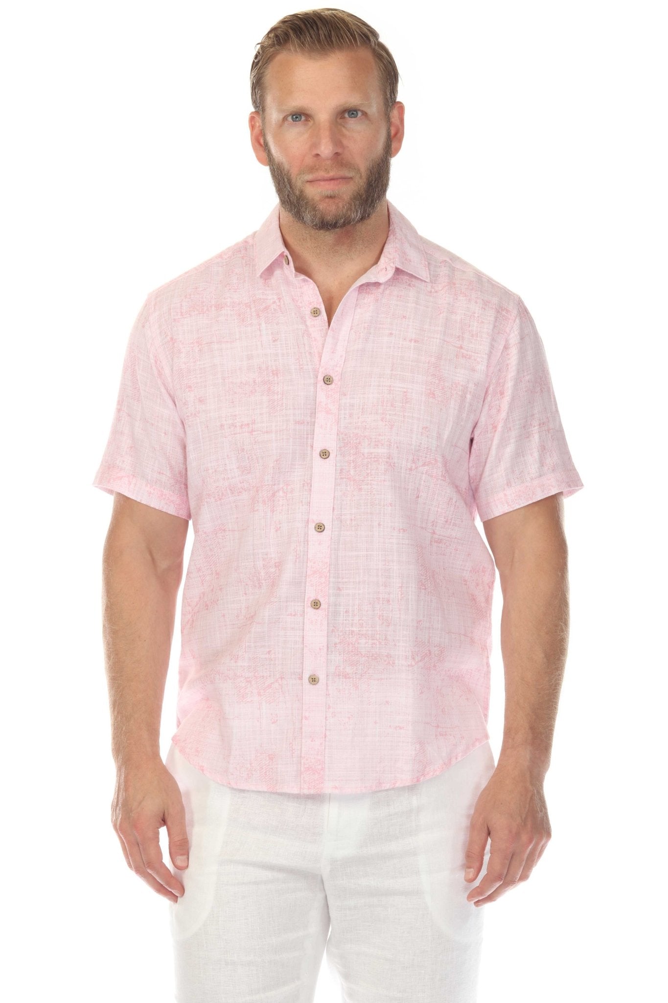 Front view of a man wearing a pink cross hatch short sleeve button down resort shirt.