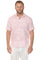 Front view of a man wearing a pink cross hatch short sleeve button down resort shirt.