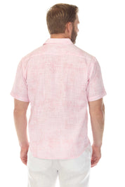 Back view of a man wearing a pink Men’s Cross Hatch Short Sleeve Button Down Resort Shirt showing its cross hatch pattern.