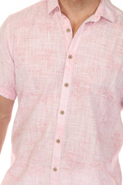 Close-up of the pink Men’s Cross Hatch Short Sleeve Button Down Resort Shirt showing the textured fabric and wood buttons.
