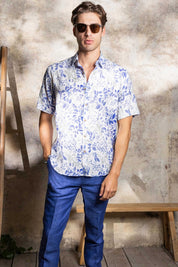 Camisa de manga corta de mezcla de lino con diseño cruzado para hombre