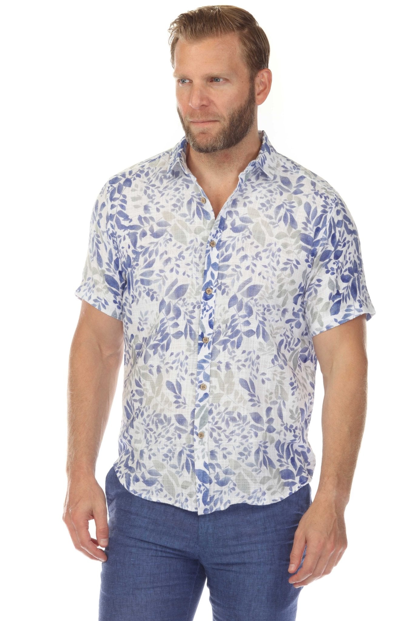 Camisa de manga corta de mezcla de lino con diseño cruzado para hombre