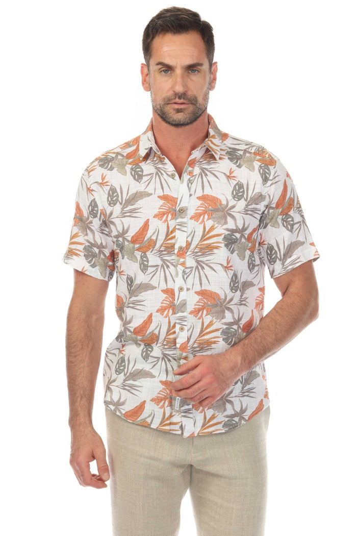 Button Down Cross Hatch with Sunset Tropical Leaves
