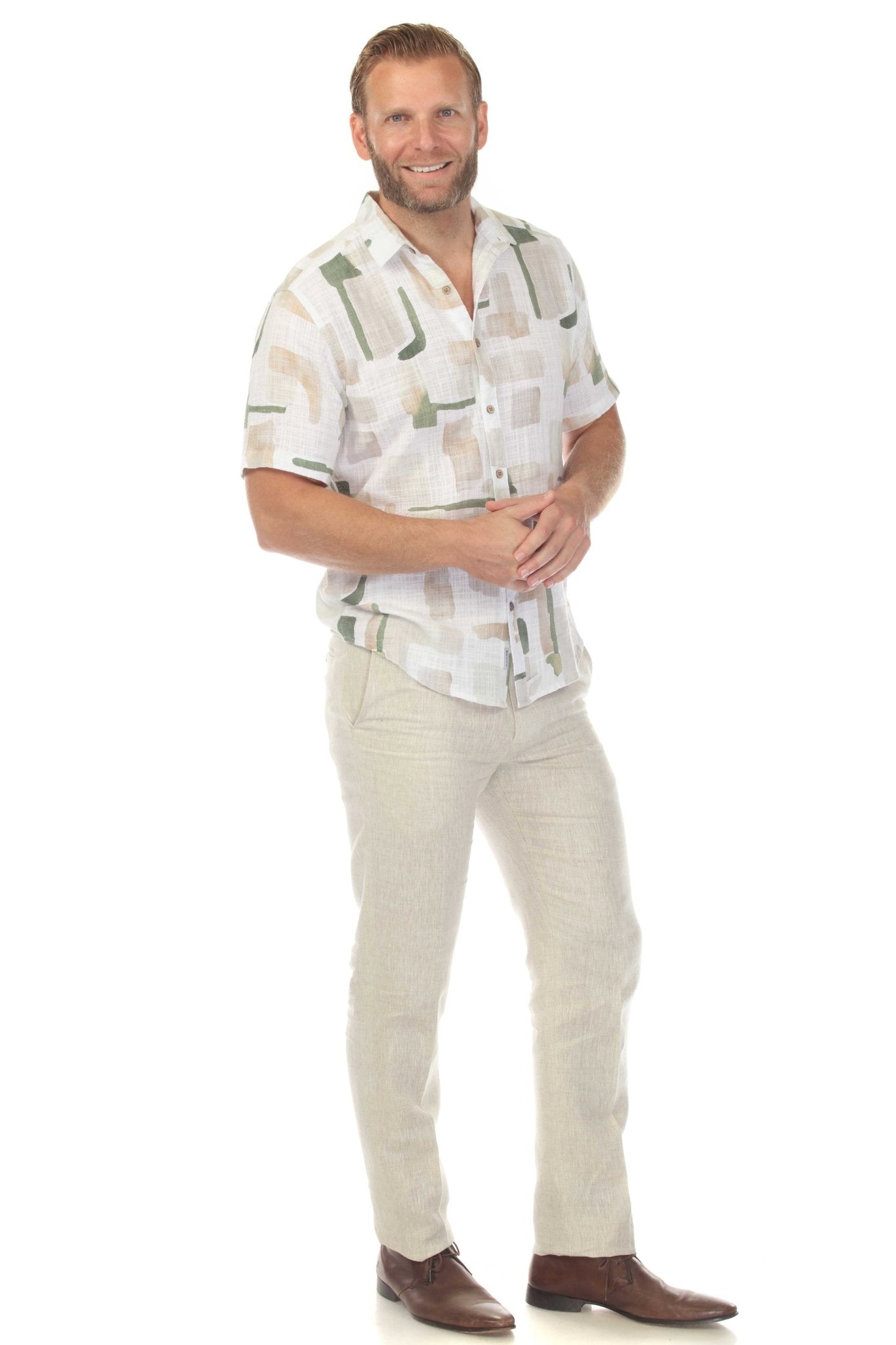 Camisa de manga corta de mezcla de lino con diseño cruzado para hombre