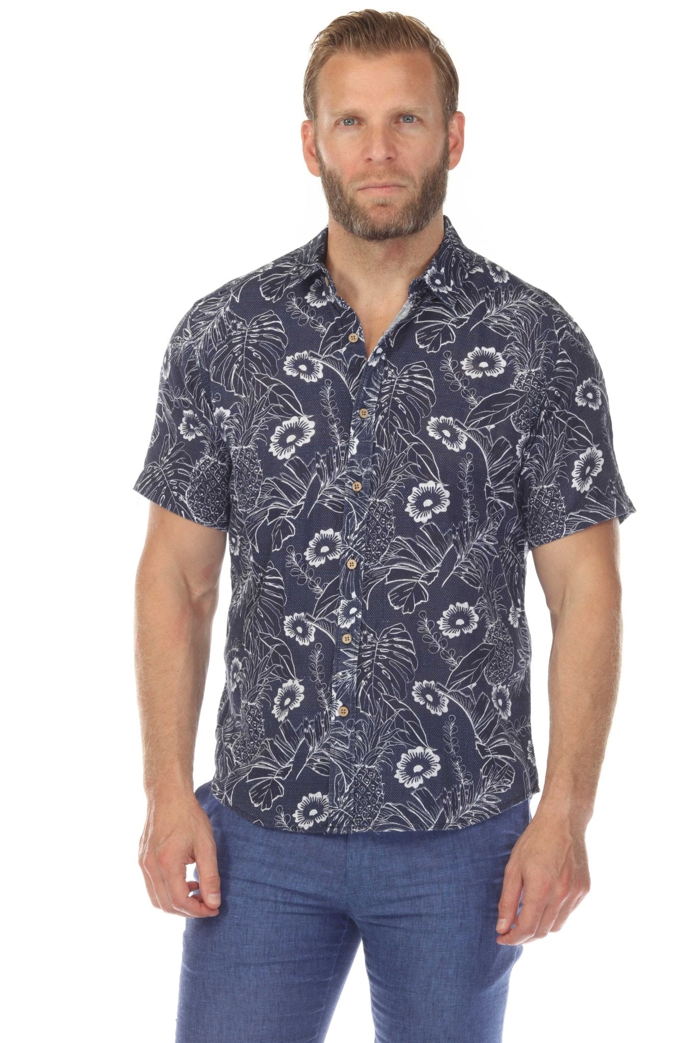 Camisa de manga corta de mezcla de lino con diseño cruzado para hombre