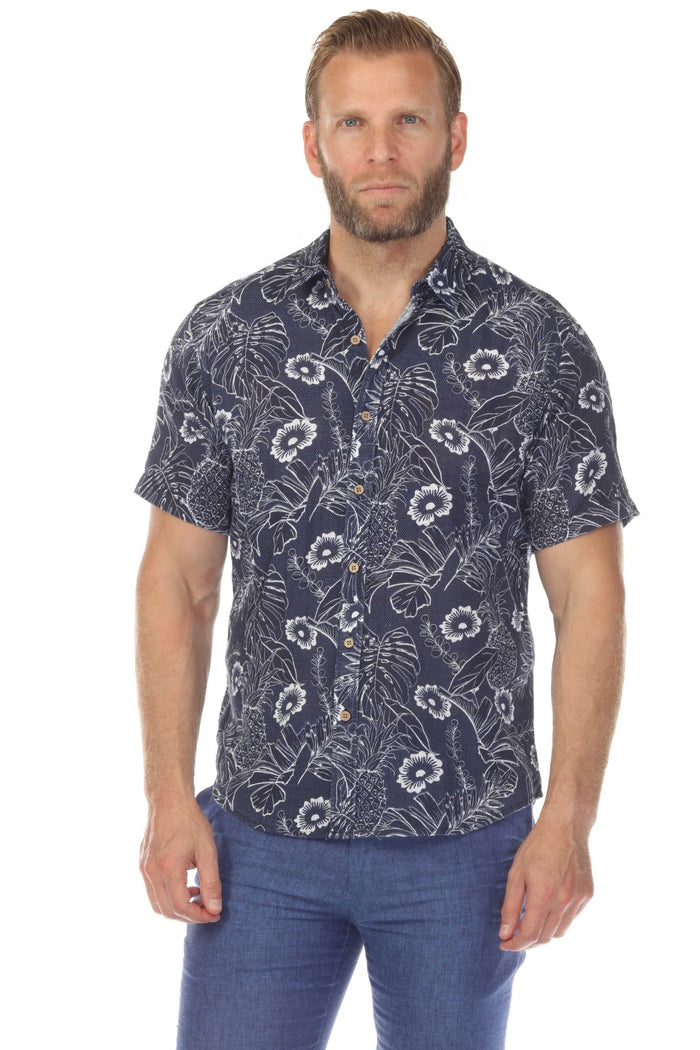 Button Down Cross Hatch with Tropical Motif Design