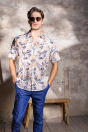 Camisa de manga corta de mezcla de lino con diseño cruzado para hombre