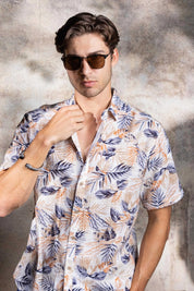 Camisa de manga corta de mezcla de lino con diseño cruzado para hombre