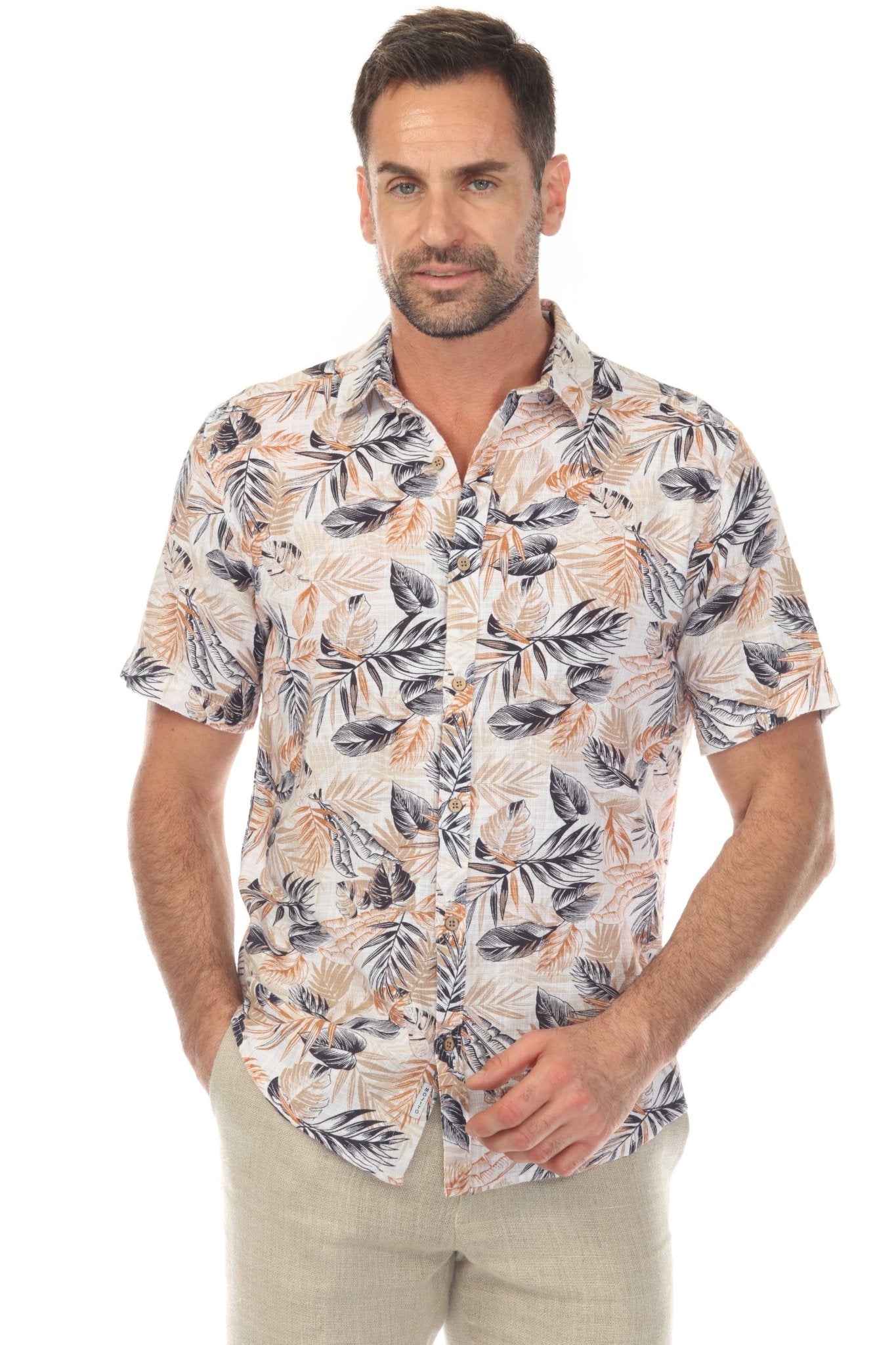 Camisa de manga corta de mezcla de lino con diseño cruzado para hombre