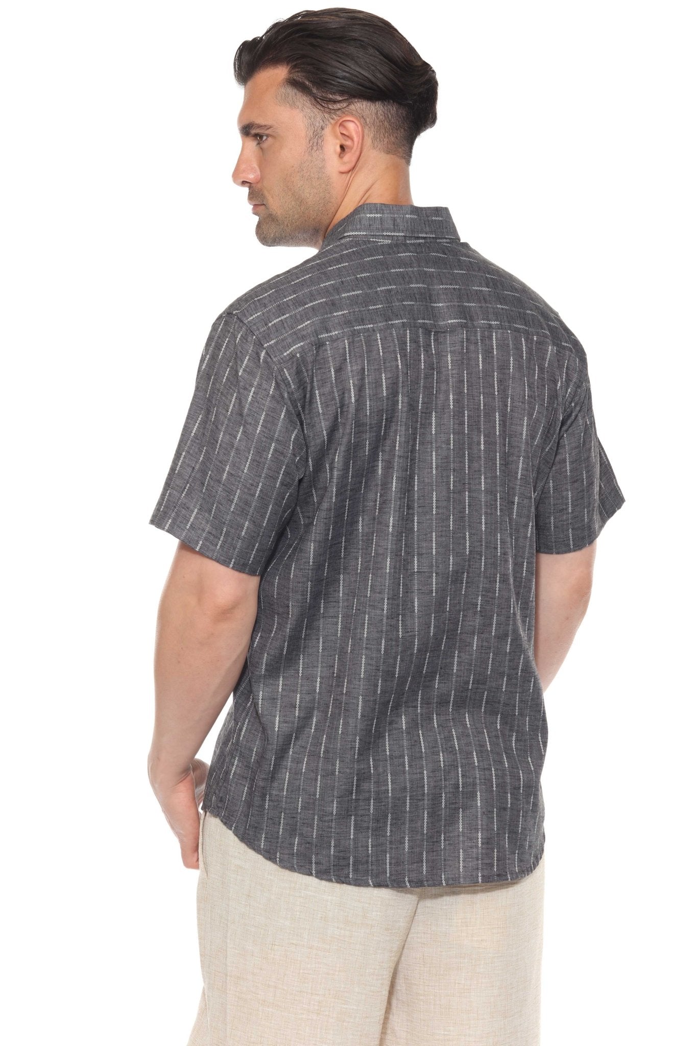 Back view of a man wearing the gray Men’s Pinstripe Resort Shirt, a short sleeve button-up.