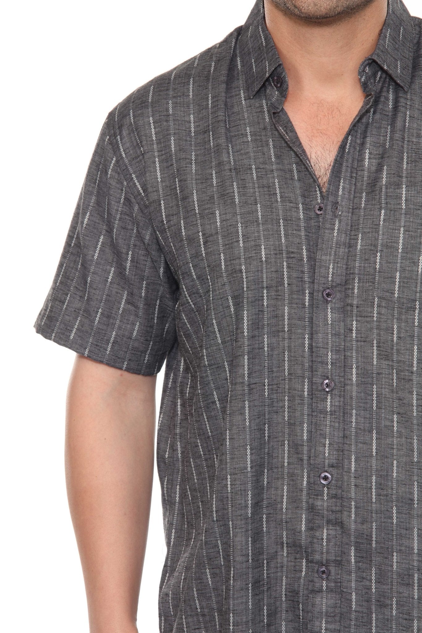 Close-up of the gray Men’s Pinstripe Resort Shirt, showing the cotton blend fabric and short sleeves.