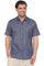 A man smiles wearing the blue Menâ€™s Pinstripe Resort Shirt, a short sleeve button-up with white pinstripes.