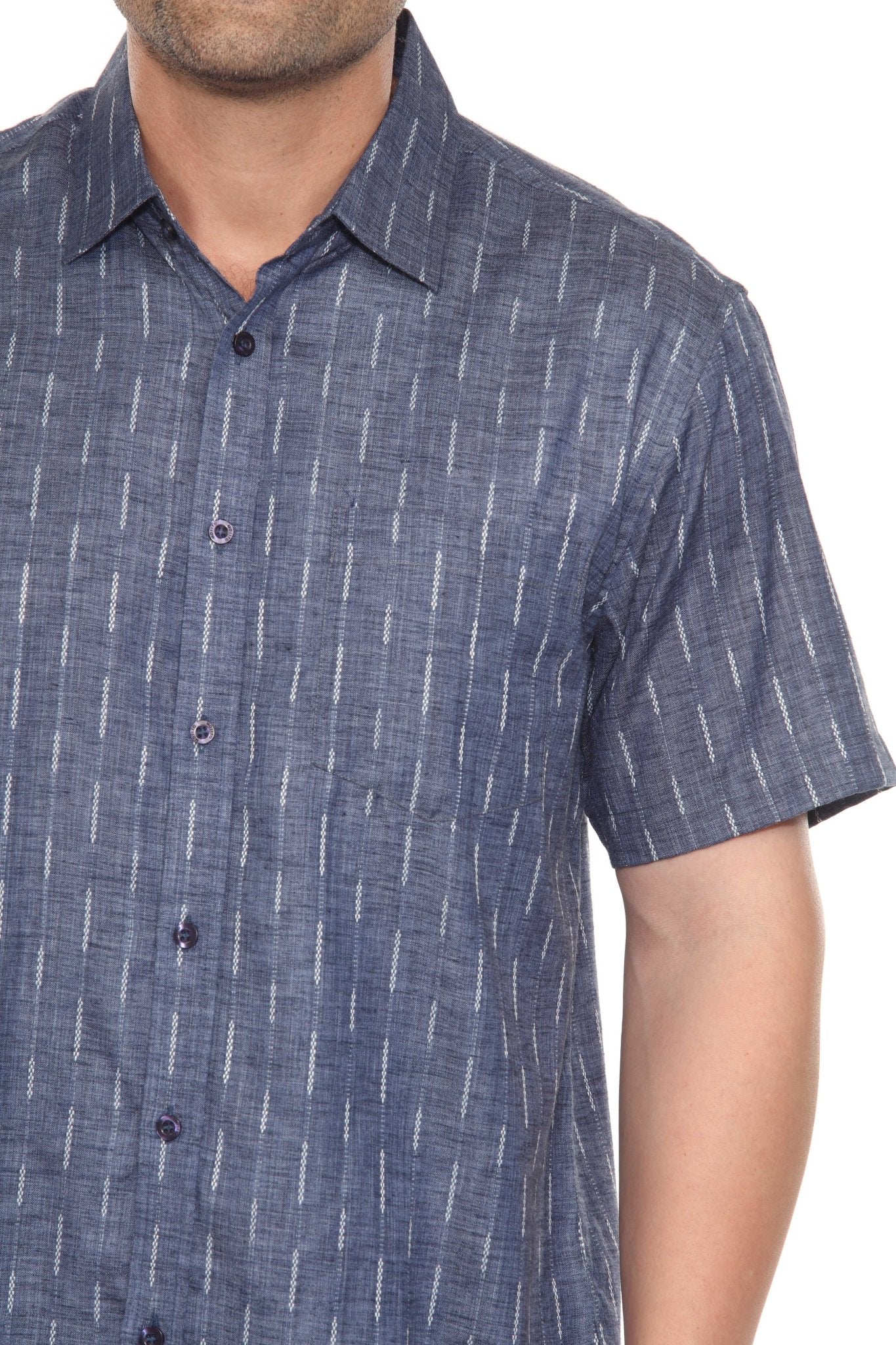 Close up of a blue Men’s Pinstripe Resort Shirt with short sleeves and white vertical stripes.