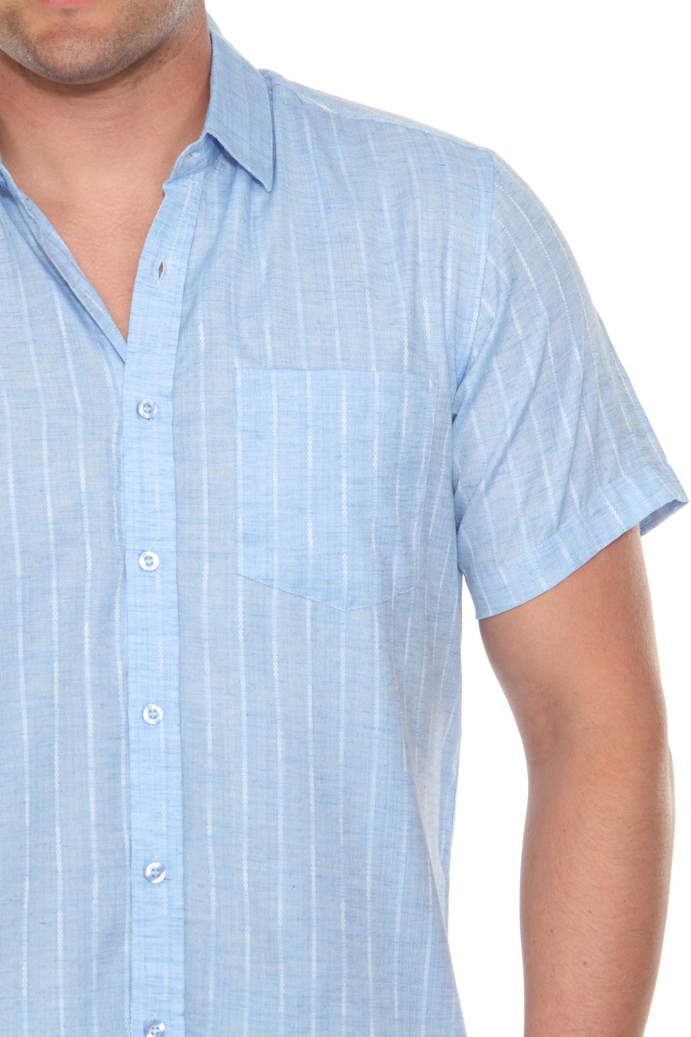 Close-up of a person wearing the light blue Men’s Pinstripe Resort Shirt, with a pocket.