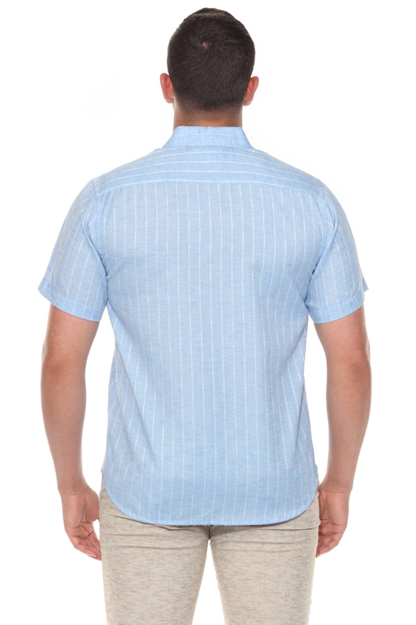 Back view of a man wearing the blue, short-sleeve Men’s Pinstripe Resort Shirt, featuring a button-up front.
