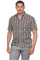 A man wears a gray Menâ€™s 100% Cotton Resort Print Short Sleeve Button-Up Shirt with white leaf patterns.