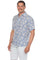 Man in a light blue Menâ€™s 100% Cotton Resort Print Short Sleeve Button-Up Shirt with a leaf pattern.