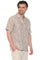 Smiling man wearing the 100% Cotton Resort Print Short Sleeve Button-Up Shirt with a colorful leaf pattern.