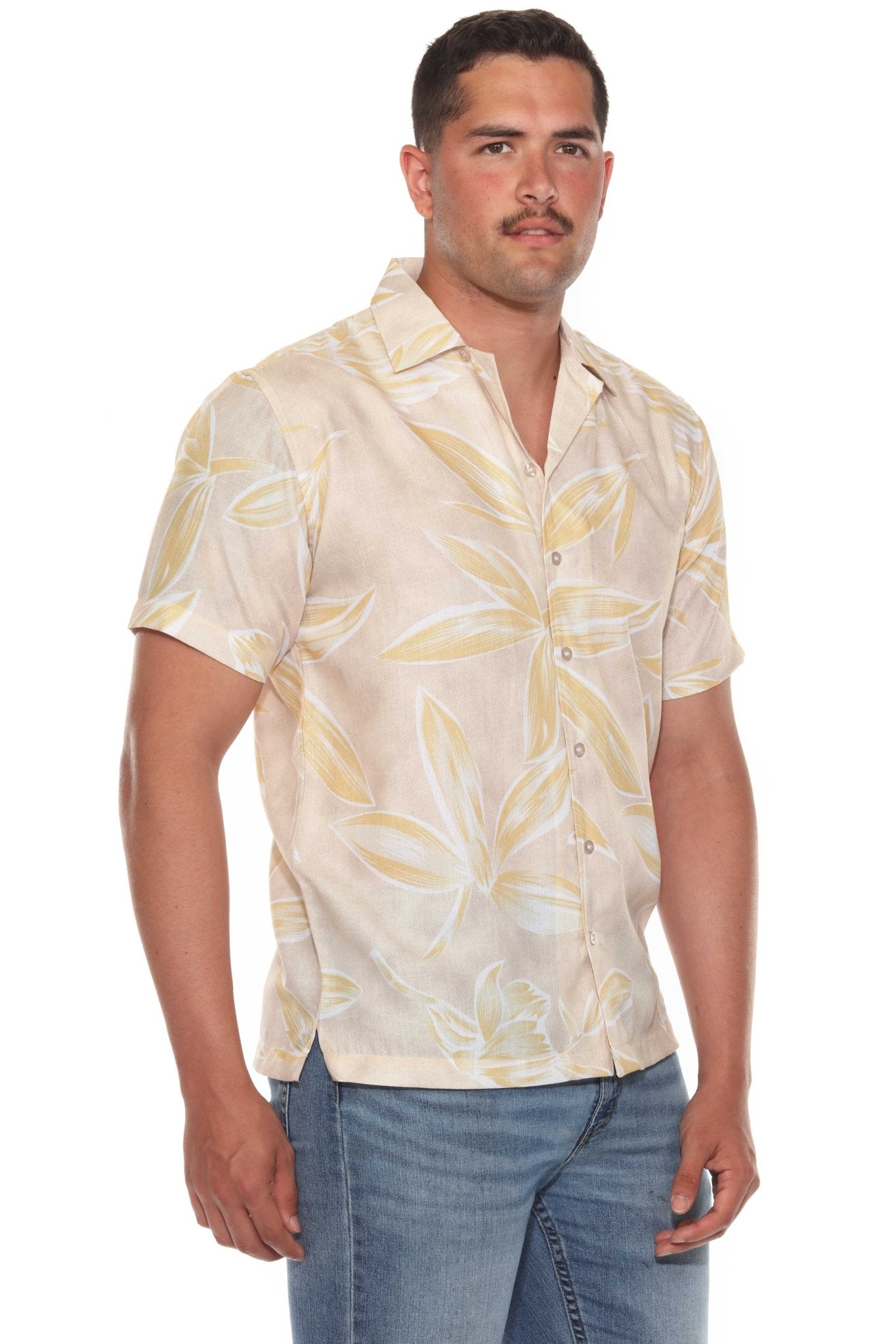 Front view of a man wearing the Men’s Tropical Print Resort Shirt with a light beige and yellow tropical leaf pattern.